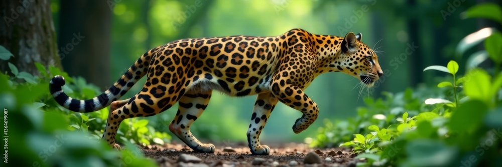 Sleek leopard form running through dense foliage , agile, forest