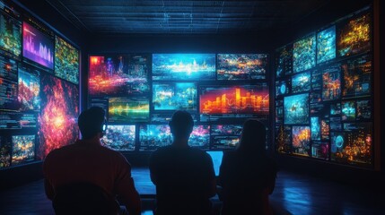 A group of people are sitting in front of a computer monitor with many screens