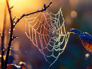 Wall Mural - A spider web is shown in a tree branch with a rainbow of colors