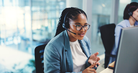 Poster - Consultant, computer or woman in customer service for financial consulting, loan questions or online advice. Telecom, CRM or agent talking on mic in call center for telemarketing, help and sales