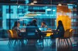 © ttonaorh - Blurred background of a business meeting in a modern office with people sitting at a table, a team working together having a discussion. View through a glass wall