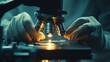 © 24DIY - A scientist examining a specimen under a microscope, showcasing precision and focus in a modern laboratory setting. Gloved hands manipulate the equipment with care.