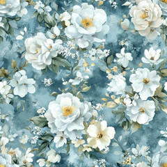 Wall Mural - Elegant vintage floral pattern with white roses on teal background, Summer Textile Seamless Pattern Background