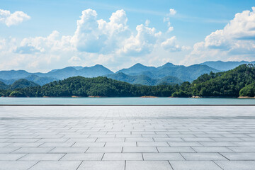 Wall Mural - empty square floor and lake with mountain nature landscape in summer