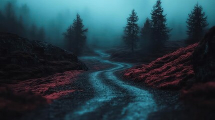 Leinwandbilder - Mysterious Misty Forest Landscape With Winding Road And Red Hued Flora And Evergreen Trees