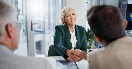 Fototapete - Handshake, partnership and business people in office for investment agreement, deal or meeting. Discussion, negotiation and stakeholder with finance team shaking hands for financial contract.