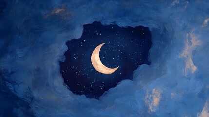 Wall Mural - blue fireflies form a moon shape in surreal style in black hole space. blue fireflies form a moon sh