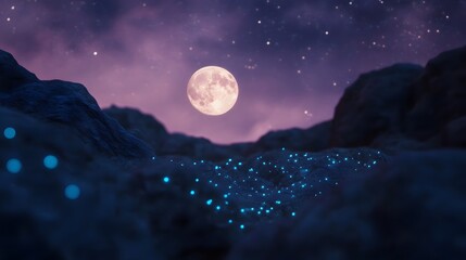 Wall Mural - blue fireflies form a moon shape in surreal style in black hole space. blue fireflies form a moon sh