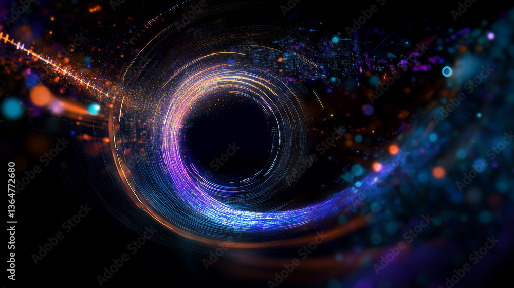 dynamic digital circle, swirling lines and glowing particles, data in ...