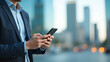 © GG Kenji - 3D Flat Icon: Individual with Smartphone & City Overlay for Mobile Workday