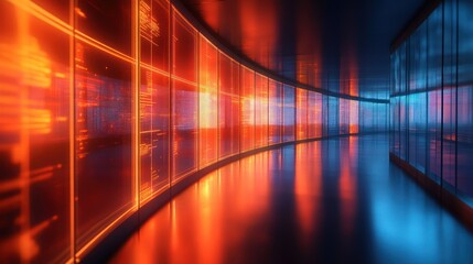 Futuristic Data Center Corridor: A Symphony of Orange and Blue