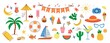 © dezignstock - Summer, a set of elements: sun, pineapple, palm tree, dessert, ice cream, drink  art. Cartoon, minimalistic, abstract modern style. art template for  postcard, banner,  fruits, watermelon, lemon, png