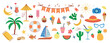 © dezignstock - Summer, a set of trend elements: sun, pineapple, palm tree, dessert, ice cream, drinks. Fashionable modern art. Cartoon, minimalistic, abstract modern style. art template for summer postcards, banners