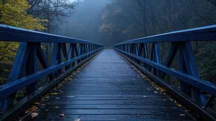 dark blue wooden bridge in misty autumn forest
