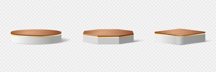 Sticker - wooden podium stages and product showcase platform with wood covers and golden in round and square s
