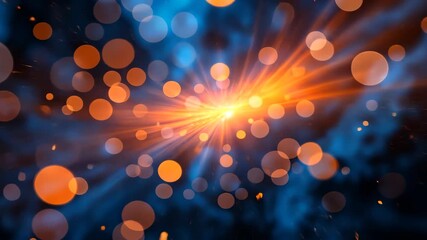 Wall Mural - Abstract Composition with Glowing Light and Orange Bokeh Effect on a Blue Background
