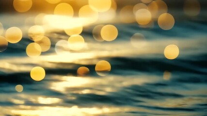 Wall Mural - abstract golden bokeh circles floating over blurred blue water surface