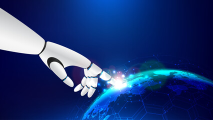 Wall Mural - ai robot hand touching earth globe with digital technology blue background. artificial intelligence 