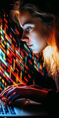 Wall Mural - young woman focused on programming, illuminated by colorful code reflections on her face