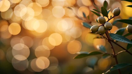Wall Mural - branch of green berries and leaves against a soft bokeh background in warm golden light