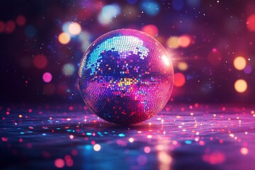 Wall Mural - 3D render of a colorful disco ball with lights and glitter on a dark background.