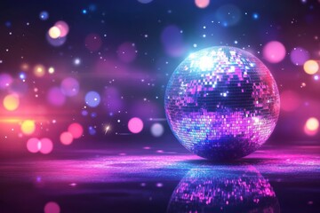 Wall Mural - 3D render of a colorful disco ball with lights and glitter on a dark background.