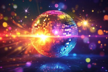 Wall Mural - 3D render of a colorful disco ball with lights and glitter on a dark background.