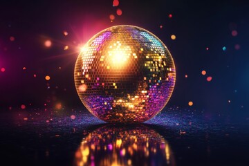 Wall Mural - a glowing golden disco ball with colorful lights and glitter on a black background.