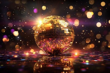 Wall Mural - a glowing golden disco ball with colorful lights and glitter on a black background.