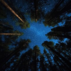 A dramatic starry night sky with tree silhouettes reaching upwards, Conifer,Tree,Gymnosperms,OrganismsForests