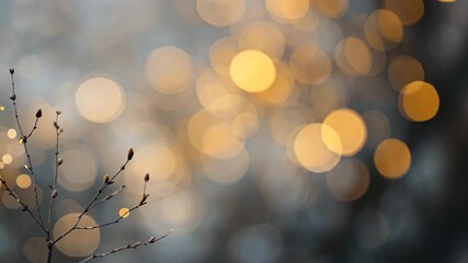 Wall Mural - golden bokeh lights and delicate branch against soft blurred background with dreamy atmosphere