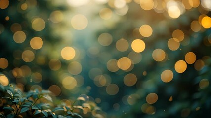 Wall Mural - golden bokeh lights over lush green foliage creating a soft focus abstract nature scene