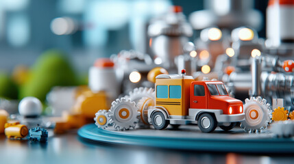 Poster - colorful toy truck is surrounded by playful 3D factory gears and machines, creating whimsical industrial scene. vibrant setting is filled with intricate details and imaginative elements