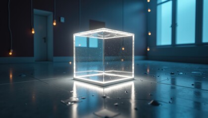 Poster - Illuminated Transparent Cube in a Modern Setting  