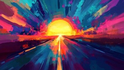 Wall Mural - abstract futuristic landscape with colorful rays of light, a road leading to the sunrise. conceptual