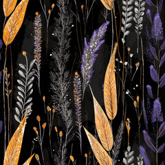 Wall Mural - Wildflower seamless pattern with vibrant leaves and stems, Summer Textile Seamless Pattern Background