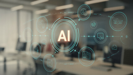 AI interface overlay on blurred office background, showcasing technological network concept connecting various digital icons, symbolizing artificial intelligence and its applications in business
