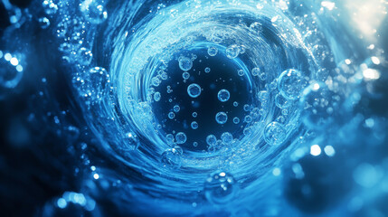 Wall Mural - Luminous bubble swirl effects in blue color with transparent spheres along curved paths. Glowing spiral trails with floating orbs. Magical underwater fantasy whirlpool elements with detergent foam.