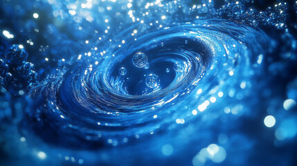 Wall Mural - Luminous bubble swirl effects in blue color with transparent spheres along curved paths. Glowing spiral trails with floating orbs. Magical underwater fantasy whirlpool elements with detergent foam.