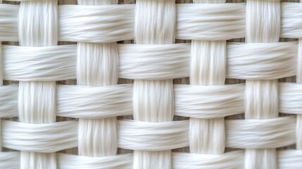 A high-resolution macro image of a white woven mesh, designed with a uniform and symmetrical interwoven pattern.