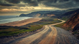 Outdoor vector road trip to sea coast landscape background. Rock nature winding rocky pathway to ocean water. Stunning empty valley with sand ground in summer. Cloudy empty asphalt route illustration