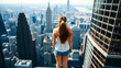 © Robin - Back view of a girl standing on a skyscraper rooftop, overlooking a sprawling city skyline of towering buildings. She embodies freedom, curiosity, and the thrill of city life.