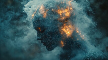 Wall Mural - a programmer's head explodes into digital fragments, representing burnout and stress.
