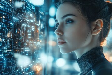 Poster - A young woman gazes intently at a futuristic digital interface, awash in vibrant blue and orange hues.