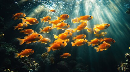  A school of orange fish gracefully navigates the underwater world of a vibrant coral reef, illuminated by sunlight filtering through its rippling surface.