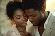 © Vibu design  gallery - A tender moment shared between a Black couple, eyes closed, heads touching, showcasing intimacy and love.