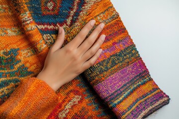 Poster - A hand gently rests on a vibrant, intricately woven textile, showcasing rich autumnal hues and complex patterns.