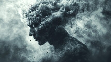 Wall Mural - a surreal image shows a businessman's head exploding with dark smoke and particles, representing str