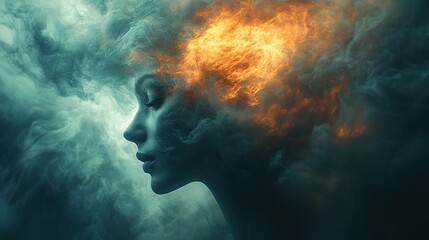 Wall Mural - a surreal image shows a woman's head exploding into a swirling vortex of dark smoke, representing st