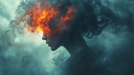 Wall Mural - a surreal image shows a woman's head exploding into a swirling vortex of dark smoke, representing st